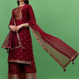 Seerat Women Wine  Ethnic Motifs Printed Jacquard Kurta With Palazzos & Dupatta image 1
