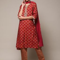 Biba Red And Gold Sequined Straight kurta And Trouser With Dupatta-picture-13