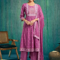 KALINI Women Floral Embroidered Regular Kurta with Trousers & With Dupatta image 1