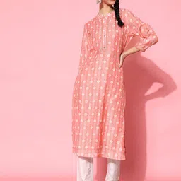 STREET 9 Women Peach-Coloured & White Printed Pure Cotton Kurta with Trousers-picture-32