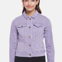 Honey by Pantaloons Women Lavender Striped Crop Denim Jacket-picture-14