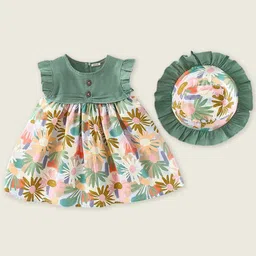 INCLUD Girls Floral Print Fit & Flare Flutter Sleeves Dress With Hat image 1