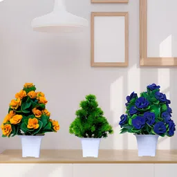 GW CREATIONS Blue & Green 3 Pieces Berry Artificial Flowers With Pots image 4