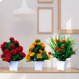 GW CREATIONS Red & Green 3 Pieces Berry Artificial Flowers With Pots image 4