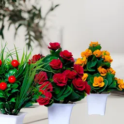 GW CREATIONS Red & Green 3 Pieces Berry Artificial Flowers With Pots image 5