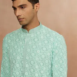 Manyavar Men Green Ethnic Motifs Embroidered Kurta with Pyjamas image 2