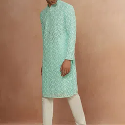 Manyavar Men Green Ethnic Motifs Embroidered Kurta with Pyjamas image 5