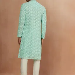 Manyavar Men Green Ethnic Motifs Embroidered Kurta with Pyjamas image 4
