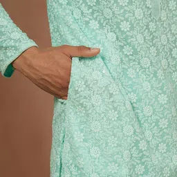Manyavar Men Green Ethnic Motifs Embroidered Kurta with Pyjamas image 3