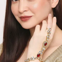 OOMPH Women Gold-Toned & Red Kundan Handcrafted Gold-Plated Ring Bracelet-picture-34