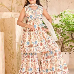 BAESD Girls Floral Printed Mirror Work Pure Silk Kurta With Sharara & Dupatta-picture-56