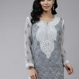 ADA Women Grey & White Ethnic Motifs Chikankari Embroidered Handloom Handloom Kurti With Slip-picture-33