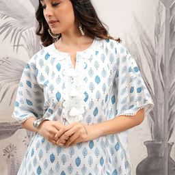 Vishudh White & Blue Floral Printed Pure Cotton Straight Kurta with Trousers-picture-36