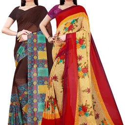 SAADHVI Set Of 2 Brown & Red Floral Pure Georgette Saree-picture-30