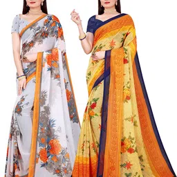 SAADHVI Set Of 2 Beige & White Floral Pure Georgette Saree-picture-32