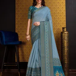 Mitera Blue Geometric Printed Zari Pure Silk Saree-image-16