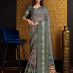 Mitera Grey Floral Printed Pure Silk Saree-image-42