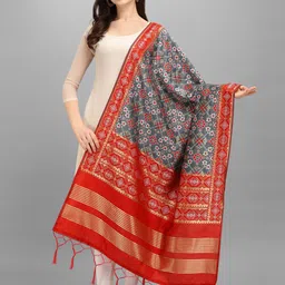 KALINI Grey & Red Ethnic Motifs Woven Design Dupatta with Zari-picture-27