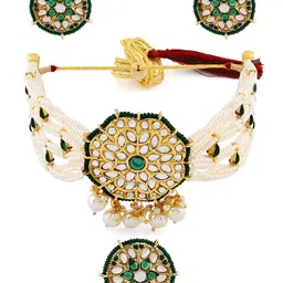 Zaveri Pearls Gold-Plated Green & White Kundan-Studded & Beaded Traditional Choker Jewellery Set image 5