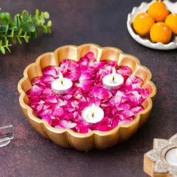 ecraftindia Golden Beautiful Flower Urli Bowl for Home Decor|Urli Set for Decoration Floating Flowers & Tea Light Candle Holder|Diwali Decoration Items Gifts for Family and Friends-picture-14