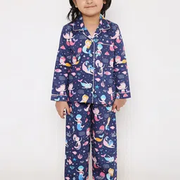 Kidipoo Kids Navy Blue & Pink Printed Pure Cotton Night suit-picture-56