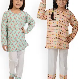 frangipani Girls Pack Of 2 Sea Green & Orange Printed Pure Cotton Night suit-image-28