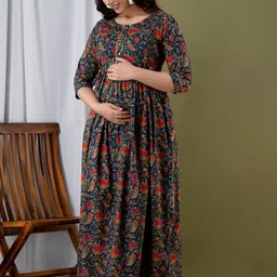 JAIPURFAME Floral Printed Gathered Maternity Cotton Fit & Flare Maxi Ethnic Dress image 4