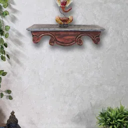 disoo fashions Red Colour Solid Wood Handcarved Floating Wall Shelf image 2