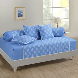 SWAYAM Blue & White 6 Pcs Printed Cotton Diwan Set image 3