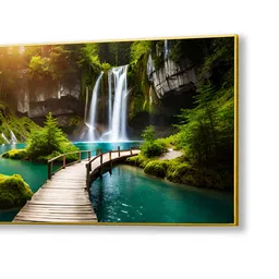 nestroots Gold Canvas Framed Enchanting Waterfall with Scenic Bridge Wall Painting(24X48 Inch) image 4