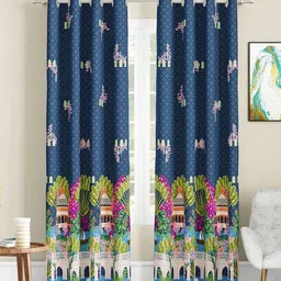 sej by nisha gupta Blue Floral Polyester 9 Ft Light Filtering Eyelet Door Curtains (Set of 2) image 2