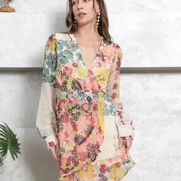Shein Casual Full Cuffed Sleeve Floral Print Mock Wrap A-line Dress-picture-24