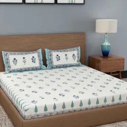 rajasthan decor Cream Floral 180 TC 100% Cotton King Bed Sheet with 2 Pillow Cover-picture-29