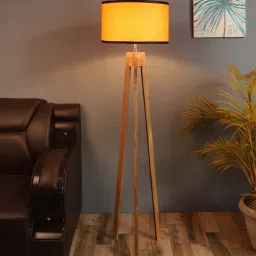sapphire Aera Orange Fabric Shade Tripod Floor Lamp With Wood Base image 1