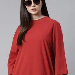 The Roadster Lifestyle Co Women Cotton Drop-Shoulder Sleeves Oversized Longline T-shirt image 1