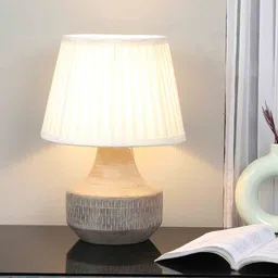 tu casa Off White Satin Shade Table Lamp With Mango Wood Base image 1