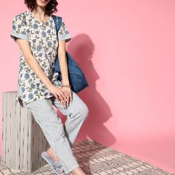 MBeautiful Women White & Blue Floral Print Organic Cotton Pyjamas Set-picture-40