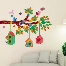 Heaven Decors Colorful Tree Branch with Birdcage and Cute Birds Sticker (Ideal Size on Wall: 98 cm x 74 cm),Multicolour image 1