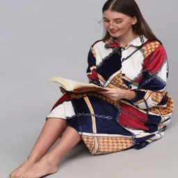 klotthe Multicolor Geometric Woolen Women Bath Robe With Belt (L) image 4