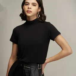 smart colors Women Solid High Neck Cotton Blend Black T-Shirt image 1