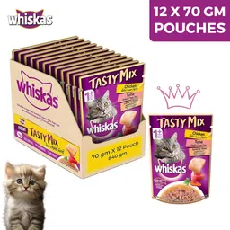 Whiskas Tasty Mix Chicken with Tuna, Pack of 12 x 70g Chicken, Tuna 0.84 kg (12x0.07 kg) Wet Adult Cat Food-picture-11