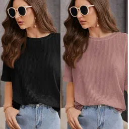 vdtrend Pack of 2 Women Solid Round Neck Cotton Blend Pink T-Shirt-picture-14