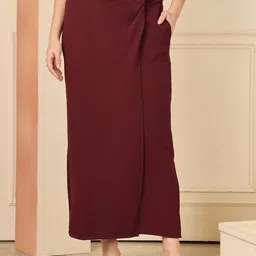 here&now Women Solid Straight Maroon Skirt-picture-42