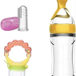 Feeding & Cleaning Combo Finger Brush, Yellow Rattle Fruit & Spoon Feeder - plastic, Silicon-image-7