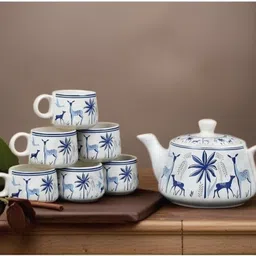 llaxmi creation Pack of 7 Ceramic Modern super Blue Deer Design Tea Cup Set With Kettle-picture-17