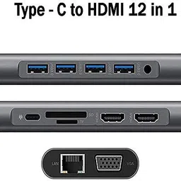 RuhZa USB Type C 12 in 1 Multiport Hub Adapter, Type-C to 2 HDMI 2 USB3.0 + 2 USB2.0 VGA + SD + TF + Audio + LAN Adapter (C to 12in1) USB Hub image 3