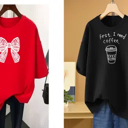 rapturous Pack of 2 Women Printed Round Neck Cotton Blend Red, Black T-Shirt image 1