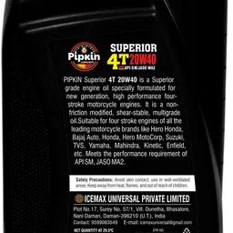 pipkin Superior 4T 20W40 SM 1 Litre | Premium Quality Multigrade Engine Oil for Bike For All New Generation 4 Stroke, Two Wheelers High Performance Bikes High Performance Engine Oil image 2