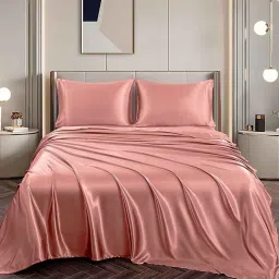coolbeds Pink Solid 400 TC Satin Queen Fitted Bedsheet with 2 Satin Pillow covers image 2