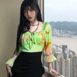 Women A-line Green Above Knee/Mid Thigh Length Dress-image-0